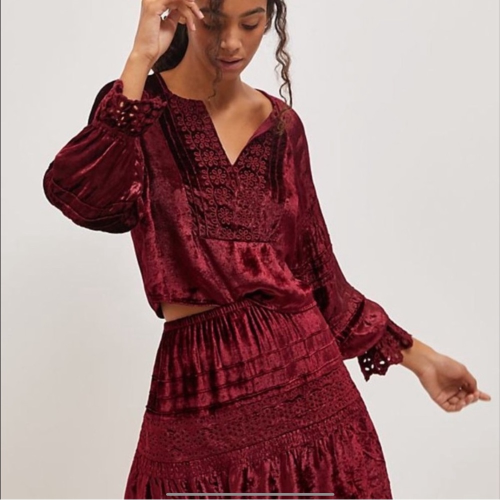 Anthropologie Seen Worn Kept Stassi Velvet Eyelet  Crop Top Poet Sleeve …